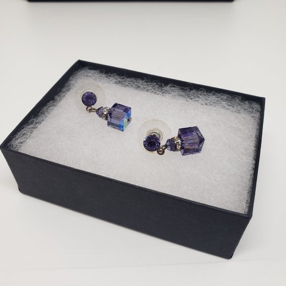 Purple & Clear Cube Dangle/Drop Stud Earrings - Picture 8 of 12